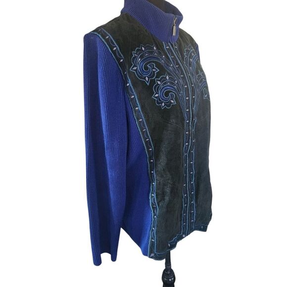 Bob Mackie Leather Jacket Womens XL Sweater Blue Black Embroidered Zip Vintage - Picture 5 of 9